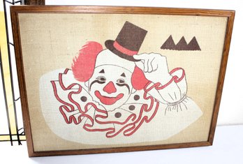 Framed Clown On Burlap 24x18.5