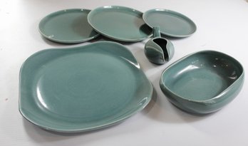 Teal Russell Wright Pottery By Steubenville 13-in Platter, Bowl With Small Chip, Gravy Boat, Three Plates