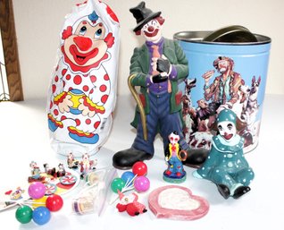 Clown Popcorn Tin With Several Homemade Clowns Plus Blow Up Clown
