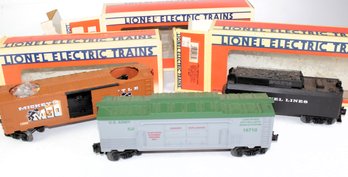 3 Lionel Trains -Mickey Mouse And Bad Pete Boxcar, Steam Tender, Operating Missile Car
