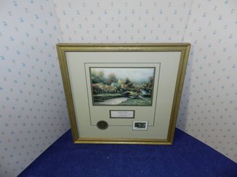 1996 THOMAS KINKADE LAMPLIGHT VILLAGE FRAMED LITHO W/ COIN STAMP COA