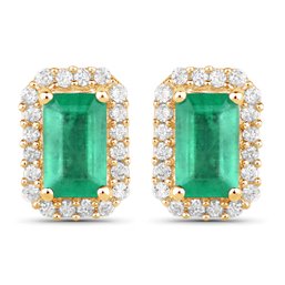 0.91 Carat Genuine Zambian Emerald And White Diamond 14K Yellow Gold Earrings