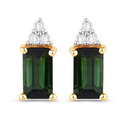 0.59 Carat Genuine Green Tourmaline And White Diamond 14K Yellow Gold Earrings