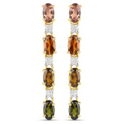18K Yellow Gold Plated 1.92 Carat Genuine Multi Tourmaline And White Topaz .925 Sterling Silver Earrings