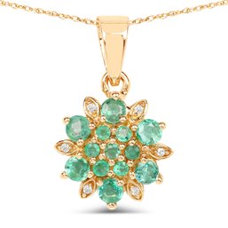 0.72 Carat Genuine Zambian Emerald And White Diamond 14K Yellow Gold Pendant