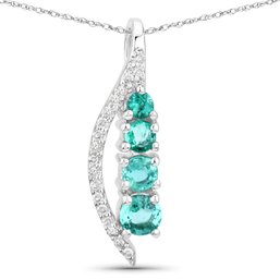 0.34 Carat Genuine Zambian Emerald And White Diamond 14K White Gold Pendant