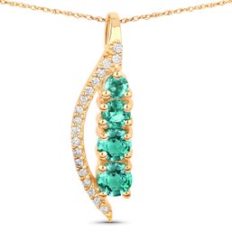 0.34 Carat Genuine Zambian Emerald And White Diamond 14K Yellow Gold Pendant