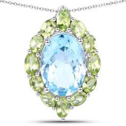 9.78 Carat Genuine Blue Topaz And Peridot .925 Sterling Silver Pendant