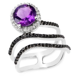 2.31 Carat Genuine Amethyst, Black Spinel And White Diamond .925 Sterling Silver Ring