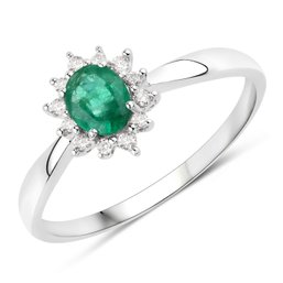 0.40 Carat Genuine Zambian Emerald And White Diamond 14K White Gold Ring