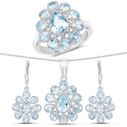 9.74 Carat Genuine Blue Topaz .925 Sterling Silver 3 Piece Jewelry Set (Ring, Earrings, And Pendant W/ Chain)