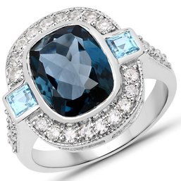 5.27 Carat Genuine London Blue Topaz, Swiss Blue Topaz And White Diamond .925 Sterling Silver Ring