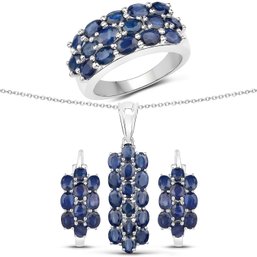 10.40 Carat Genuine Blue Sapphire .925 Sterling Silver 3 Piece Jewelry Set (Ring, Earrings, Pendant )