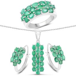 7.80 Carat Genuine Zambian Emerald .925 Sterling Silver 3 Piece Jewelry Set (Ring, Earrings, Pendant)