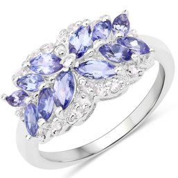 1.52 Carat Genuine Tanzanite And White Topaz .925 Sterling Silver Ring