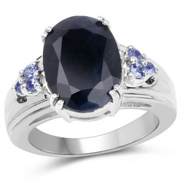 7.71 Carat Genuine Black Sapphire And Tanzanite .925 Sterling Silver Ring