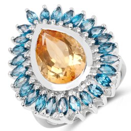 7.54 Carat Genuine Citrine & London Blue Topaz .925 Sterling Silver Ring