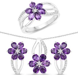 3.85 Carat Genuine Amethyst And White Topaz .925 Sterling Silver 3 Piece Jewelry Set (Ring, Earrings, Pendant)