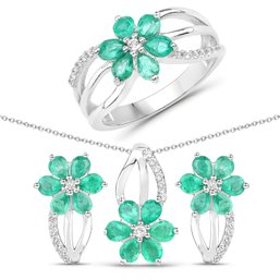3.61 Carat Genuine Emerald And White Topaz .925 Sterling Silver Set (Ring, Earrings, And Pendant )