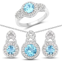 3.24 Carat Genuine Blue Topaz And White Topaz .925 Sterling Silver Jewelry Set