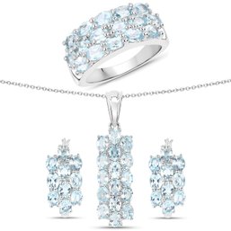 9.88 Carat Genuine Blue Topaz .925 Sterling Silver 3 Piece Jewelry Set (Ring, Earrings, And Pendant W/ Chain)