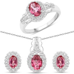 2.76 Carat Genuine Pink Topaz & White Topaz .925 Sterling Silver 3 Piece Jewelry Set (Ring, Earrings, Pendant)