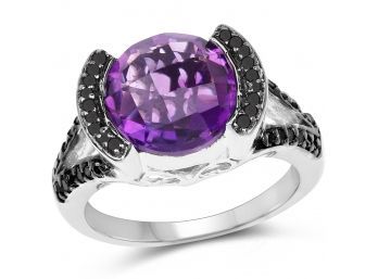 3.24 Carat Genuine Amethyst & Black Diamond .925 Sterling Silver Ring