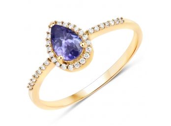 0.47 Carat Genuine Tanzanite And White Diamond 14K Yellow Gold Ring