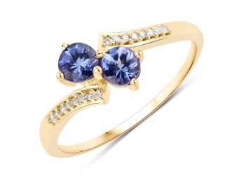 0.50 Carat Genuine Tanzanite And White Diamond 14K Yellow Gold Ring