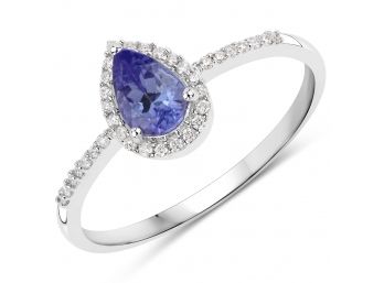 0.47 Carat Genuine Tanzanite And White Diamond 14K White Gold Ring