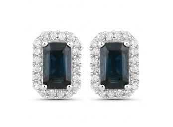 0.91 Carat Genuine Blue Sapphire And White Diamond 14K White Gold Earrings