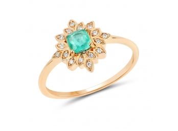 0.40 Carat Genuine Zambian Emerald And White Diamond 14K Yellow Gold Ring