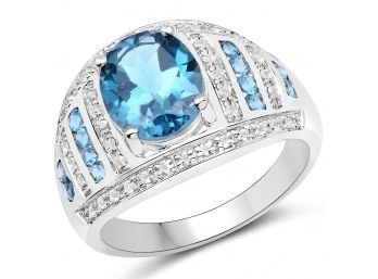 3.24 Carat Genuine London Blue Topaz And White Topaz .925 Sterling Silver Ring