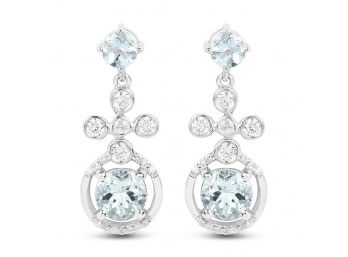 4.42 Carat Genuine Aquamarine And White Zircon .925 Sterling Silver Earrings