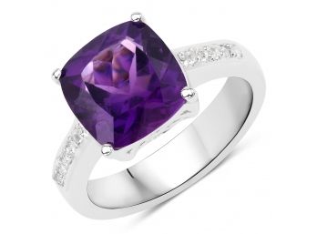 3.32 Carat Genuine Amethyst And White Topaz .925 Sterling Silver Ring