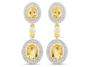18K Yellow Gold Plated 5.70 Carat Genuine Citrine And White Topaz .925 Sterling Silver Earrings