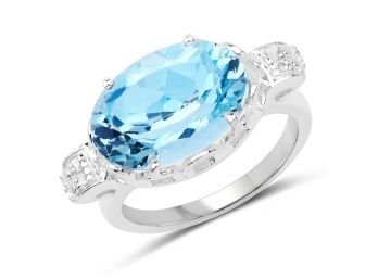 7.53 Carat Genuine Blue Topaz And White Diamond .925 Sterling Silver Ring, Size 7.00