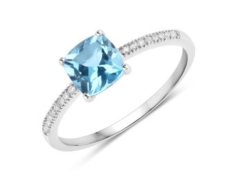 1.24 Carat Genuine Swiss Blue Topaz And White Diamond 14K White Gold Ring