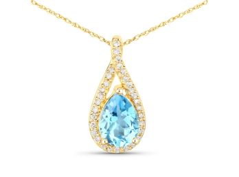 0.89 Carat Genuine Swiss Blue Topaz And White Diamond 14K Yellow Gold Pendant