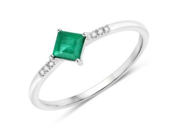 0.42 Carat Genuine Zambian Emerald And White Diamond 14K White Gold Ring