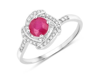 0.63 Carat Genuine Ruby And White Diamond 14K White Gold Ring