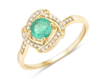 0.50 Carat Genuine Zambian Emerald And White Diamond 14K Yellow Gold Ring