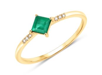 0.42 Carat Genuine Zambian Emerald And White Diamond 14K Yellow Gold Ring