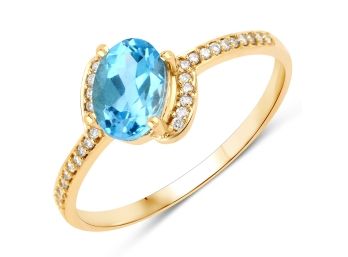 1.04 Carat Genuine Swiss Blue Topaz And White Diamond 14K Yellow Gold Ring