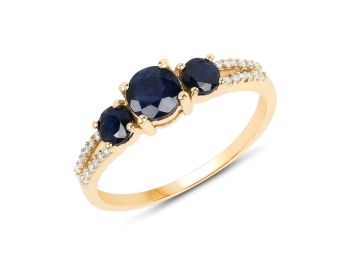 1.08 Carat Genuine Blue Sapphire And White Diamond 14K Yellow Gold Ring