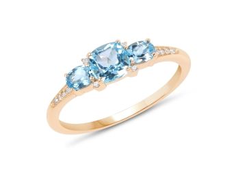 0.80 Carat Genuine Swiss Blue Topaz And White Diamond 14K Yellow Gold Ring