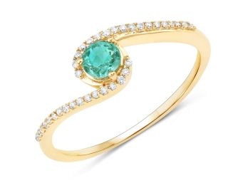 0.34 Carat Genuine Zambian Emerald And White Diamond 14K Yellow Gold Ring