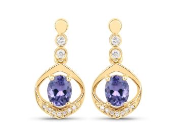 0.76 Carat Genuine Tanzanite And White Diamond 14K Yellow Gold Earrings