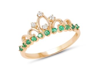 0.28 Carat Genuine Zambian Emerald And White Diamond 14K Yellow Gold Ring