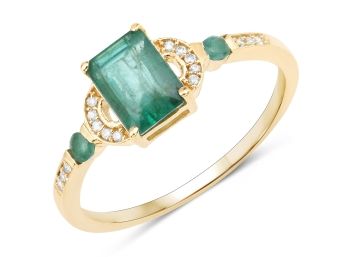 1.08 Carat Genuine Zambian Emerald And White Diamond 14K Yellow Gold Ring